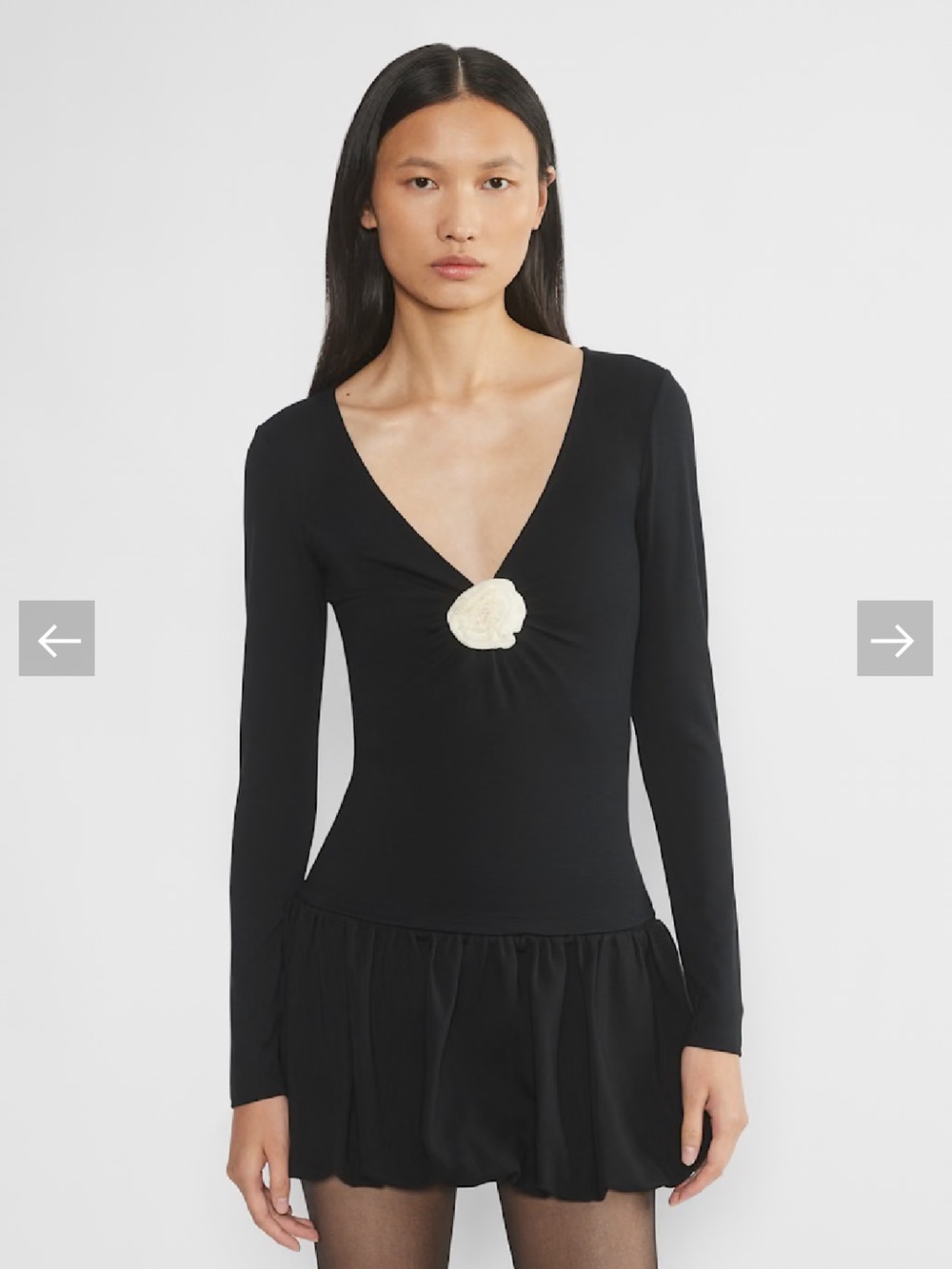 Aritzia Black V-Neck Long Sleeve Top with Cream Rosette